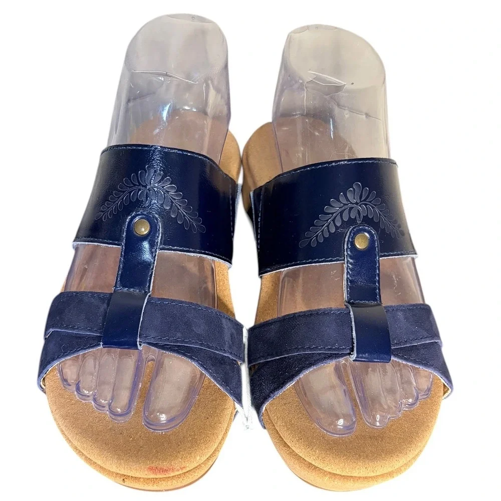 NWT Revitalign Peacoat Blue Andover Baja Sandal Leather Wedge Womens 6B‎